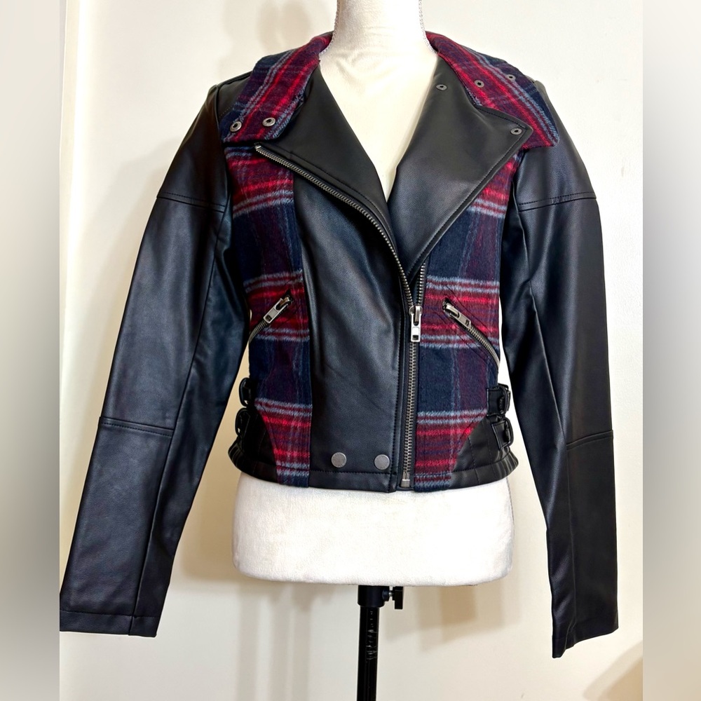 Black Faux Leather and Plaid Wool Blend Biker Cropped Moto Jacket SZ S